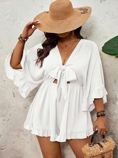 SHEIN VCAY Plus Size Holiday Solid Color Batwing Sleeve, Ruffle Hem, Tie Waist Jumpsuit