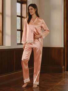 Bisouelle Ladies' Lace Trimmed Satin Pajama Set, Fall Winter Clothes - Dusty Pink - View 4