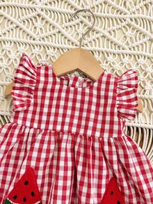 SHEIN Newborn Baby Girl Cute Casual Red & White Plaid Strawberry Pattern Dress,Kids - Multicolor - View 11