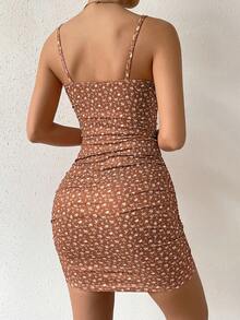 Breezaya Đầm hai dây hở ngực in họa tiết hoa nhỏ xinh cho trang phục đi biển dành cho nữ - Gỗ đỏ - Xem 2