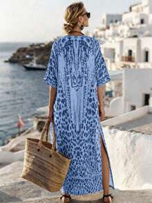 Wandoria Vestido elegante de estampado de leopardo estilo bohemio, adecuado para uso diario, bodas, eventos formales, ir al trabajo, fiestas de graduación, vacaciones, citas, fiestas, Halloween, Navidad, Año Nuevo, Acción de Gracias, bodas - Azul - Ver 2