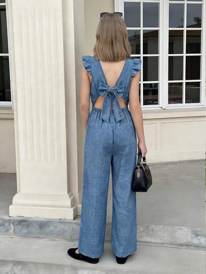 SHEIN Streecool Teen Girl Girls' Spring/Summer Casual Fashion Versatile Sweet Flare Sleeve Jumpsuit, Square Neck Backless Design With Bow, Elegant Sweet Style For Leisure, Vacation, Commute
