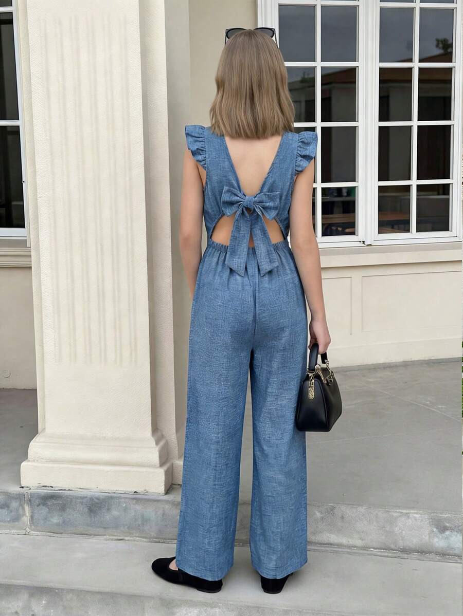 SHEIN Streecool 少女春夏休闲时尚百搭甜美喇叭袖连体裤，方领露背蝴蝶结设计，优雅甜美风格，适合休闲、度假、通勤等场合。 - 彩色 - 查看 1