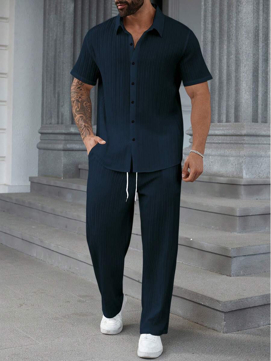 Manfinity Homme Conjunto de 2 piezas de camisa y pantalones de unicolor casual para hombres de talla grande, para verano - Azul Marino - Ver 1