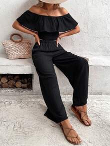 SHEIN Women's Casual Vacation & Commute Solid Color Ruffle Off Shoulder Shirred Crop Top & Wide Leg Pants 2-Piece Set, Spring/Summer - Black - View 7