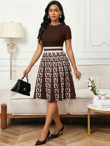 SHEIN Lady Women's Geometric Print Patchwork Round Neck Short Sleeve Elegant Dress - Brown - View 7