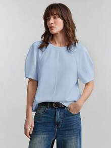 Ontre 2026 Camiseta de mujer para uso casual, de negocios y para ir a la oficina, con diseño de cuello redondo cómodo y amigable con la piel, manga raglán, silueta en H, puños con recogido, diseño de empalme corporal, con un toque moderno y urbano, con un toque vintage discreto y una estética refinada de alta calidad, ideal para el estilo de moda del aeropuerto - Azul - Ver 4