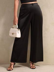 Elegantrix 女士纯色缎面高腰直筒裤，适合日常穿着、办公室通勤、居家、约会、小型聚会和轻度社交场合，黑色，春季款 - 黑色 - 查看 1