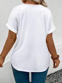 EMERY ROSE Women's V-Neck Turnover Cuff, Ombre Heart Print Casual Versatile T-Shirt, Spring/Summer - White - View 2