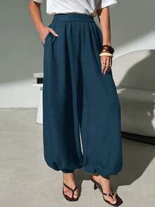 Lavishia Women's Casual Balloon Pants, Comfortable & Versatile Coffee Color Long Pants, Spring/Summer - Blue - View 3