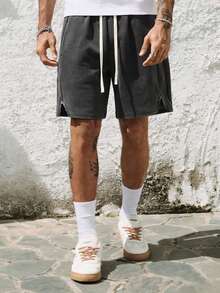 ROMWE MEN 男士休闲时尚街头通勤抽绳腰开衩水洗短裤，夏季 - 黑色 - 查看 8