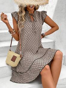 EMERY ROSE Plus Size V-Neck Ruched Flare Sleeve A-Line Mini Dress,Geometric Pattern,Casual Ruffled Hem Beige Summer Boho Vacation Holiday Beach Resort Women - Multicolor - View 4