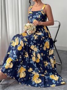 Elenzga Plus Size Women Floral Print Casual Sleeveless Dress - Blue - View 8