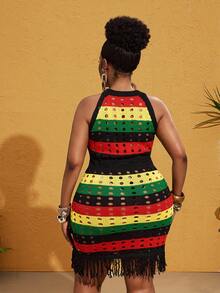 Maweii Women's Y2K Aesthetic Beach Bohemian Casual Colorful Striped Tassel Dress,Green Yellow Black Red Gorgeous Sexy Fashionable Simple Unique Design Skirt Fringe ,Party Vacation Beach Round Neck Sleeveless Cutout Ser, Hem Patchwork Drawstring Cinched Waist Slimming Short Plus Size Knitted Dress, Spring Summer Summer Outfits For Women Jamaica Bkack Dresses For Women - Multicolor - View 2