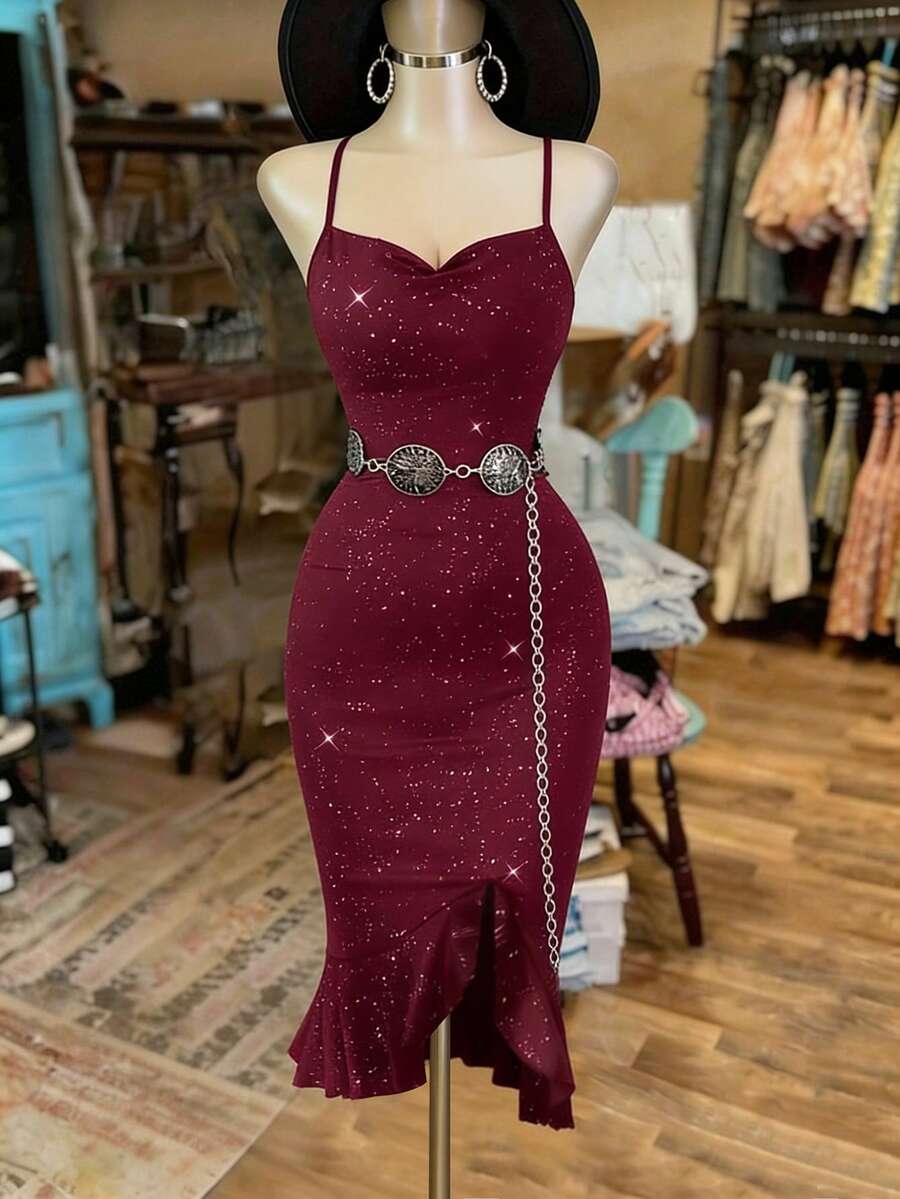 LanaWest Đầm dạ hội đuôi cá lấp lánh thanh lịch cho nữ dự tiệc - Màu Đỏ Sâu - Xem 1