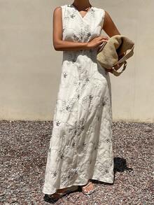 Livesso Summer Vacation Outfit White Sleeveless V-Neck Loose Embroidered Loose Mid-Length Dress For Women Sun Dresses For Women - Beige - View 4