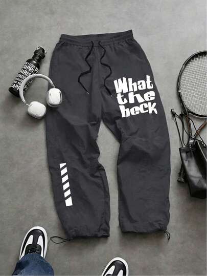 Sport MetroGents Pantalones deportivos casuales y de moda para hombres con estampado de eslogan y cordón en la cintura, adecuados para el uso diario