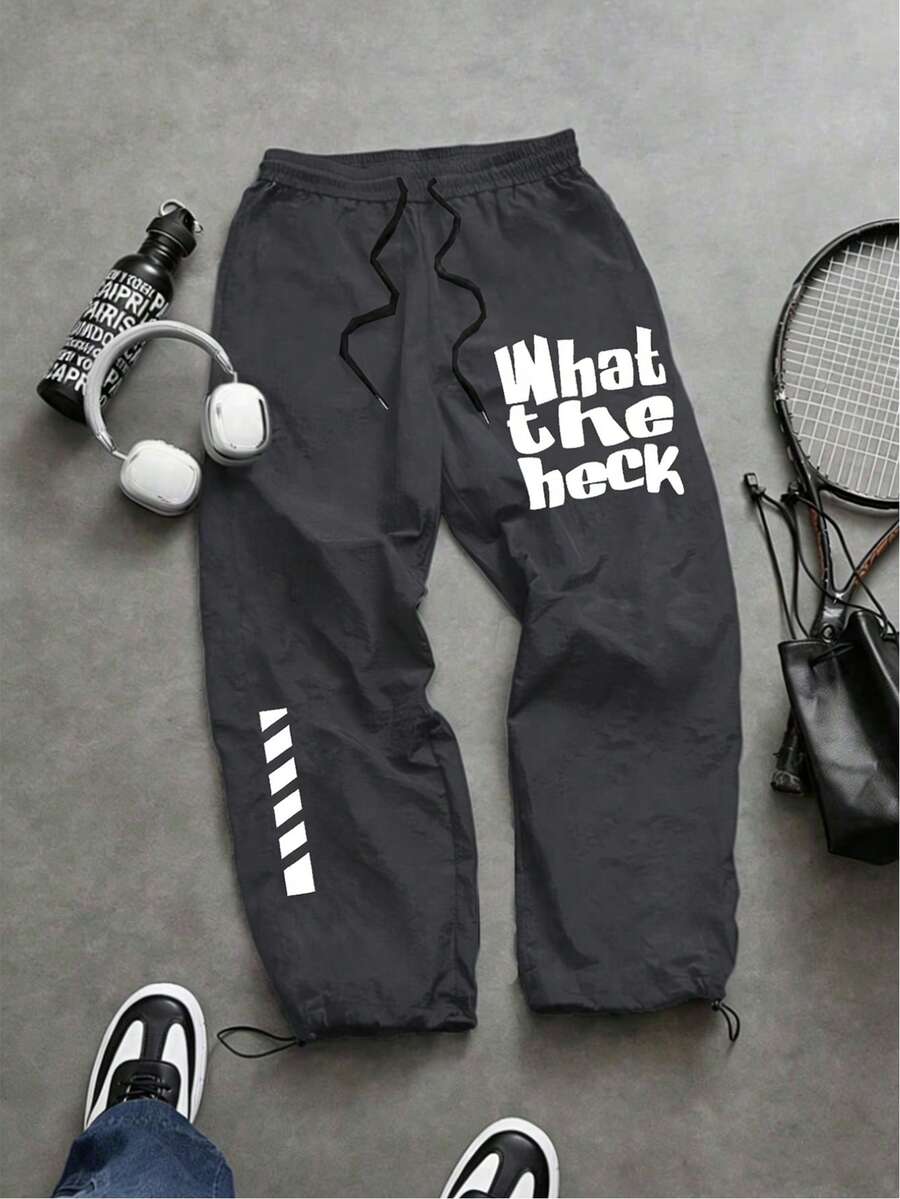 Sport MetroGents Men's Casual Fashionable Street Slogan Print Drawstring Waist Sports Pants, Suitable For Daily Commute - Dark Grey - View 1