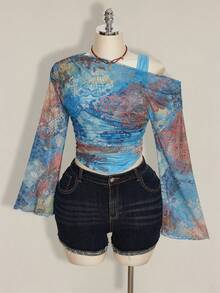 SHEIN ICON Blusa de 2 en 1 para mujer talla grande con mangas acampanadas y hombros descubiertos con estampado de teñido anudado - Multicolor - Ver 3