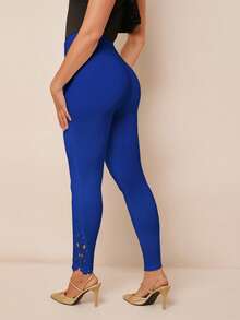 SHEIN PETITE CURVE 女士纯色弹力腰休闲打底裤 - 藍色 - 查看 2