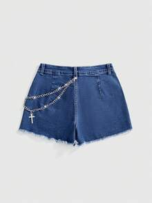 ROMWE Grunge Punk Vintage Washed Gothic Cross Chain Print Women Denim Shorts - Medium Wash - View 2