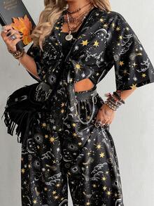 Whyspr Bộ jumpsuit ống rộng màu đen in họa tiết sao và trăng kiểu retro, thắt eo. - màu đen - Xem 5
