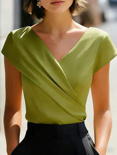 Balvessa Camiseta elegante de mujer de unicolor con cuello en V y cruce en la parte delantera