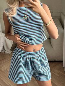 SHEIN EZwear Bộ áo tank top cổ tròn và quần short dệt kim kẻ sọc xanh dương dành cho nữ. - Màu xanh lam - Xem 6
