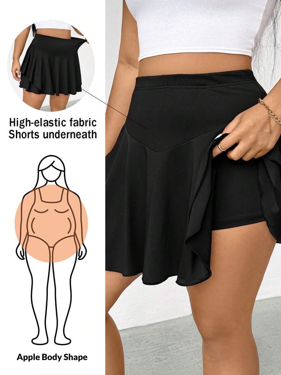 Shapeblank 大码女装春夏时尚休闲弹力舒适日常百搭显瘦黑色中长裙，内含短裤，女式下装，夏季穿搭，曲线短裤，网球裙 - 黑色 - 查看 1