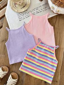SHEIN LMoss Kids Bộ 3 áo len dệt kim màu trơn họa tiết hoa 3D kẻ sọc cho bé gái - Nhiều màu - Xem 2