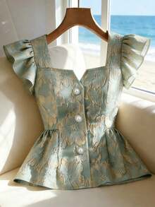 Franclia Áo sơ mi nữ thanh lịch, chất liệu jacquard, viền bèo nhún, cài cúc phía trước, thích hợp cho mùa hè. - xanh quân đội - Xem 1