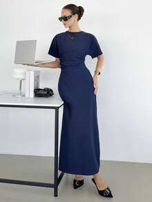 Siren Gaze Đầm hè phối màu xanh hải quân, thanh lịch và duyên dáng, đầm đa năng thắt eo, đầm dự tiệc trang trọng dành cho nữ, đầm dạ hội nữ, đầm công sở, trang phục công sở thường ngày, đầm nữ, đầm dạ hội nữ, đầm hè nữ, đầm tốt nghiệp, đầm dạ tiệc - Màu xanh hải quân - Xem 4