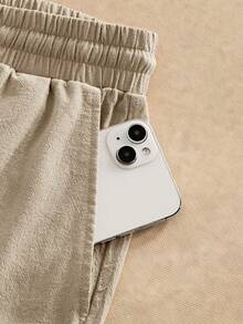 HIMLAND 男士纯色腰带口袋休闲裤 - 卡其色 - 查看 7