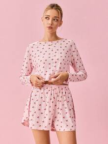 Bonmuse 2pcs Women Comfortable Round Neck Printed Long Sleeve Pajama Set + Side Slit Shorts, Cute Loungewear - Pink - View 4