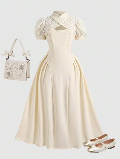 SHEIN 少女蕾丝花瓣袖腰部拼接连衣裙，白色，优雅，甜美，可爱，时尚，百搭，适合节日和派对穿着