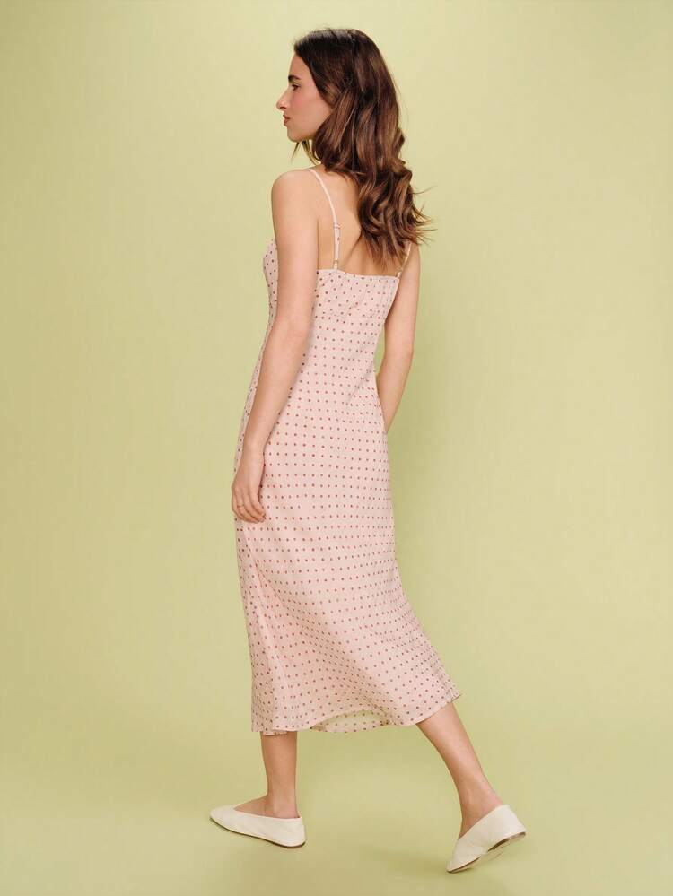 Pink Polka Dot Midi Dress With Front Keyhole And Gathered Bust Detail Spring Summer Casual Holiday Dress French Style Vacation Dress Polkadot Dress