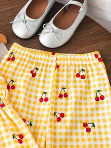 SHEIN Elladie kids Young Girl' Cute Sweet Cherry Plaid Print Camisole And Wide Leg Pants Set, Suitable For Casual Daily And Holiday Wear - Yellow - View 10