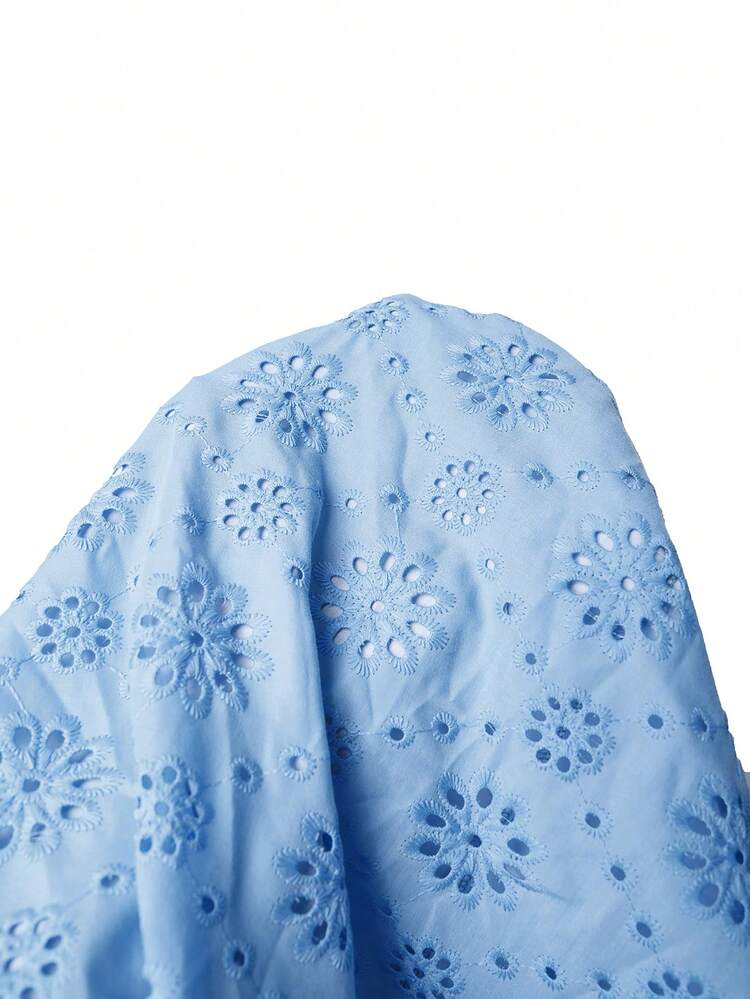 Plus Size Women's Stylish Women's Light Blue Embroidered A Line Dress With Ruffle Detail Short Sleeves And V Neck For Everyday Comfort Summer Outfit For Plus Size Women Festival Outfits For Plus Size Women Beach Outfits For Plus Size Women Vacation Outfits Plus Size  Women Country Concert Outfit  Boho Outfit