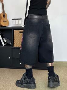 STEELVANCE 男士休闲街头时尚复古百搭铆钉猫须刺绣宽松阔腿牛仔短裤 - 黑色 - 查看 2