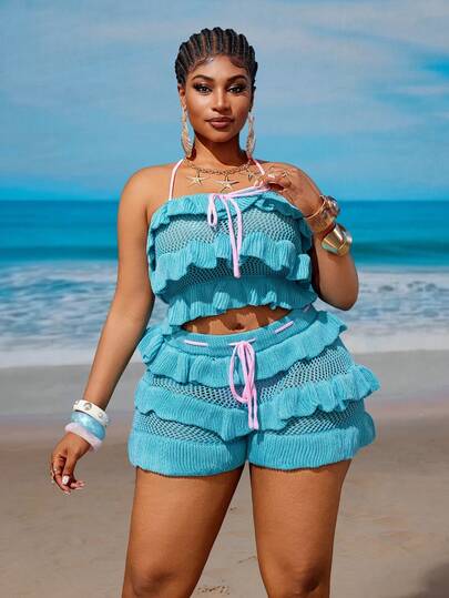 Femeii casual dulce drăguț romantic sexy plajă petrecere picnic halter spate fără bretele cravată fundă stratificată cu volane tiv crop top și talie elastică pantaloni scurți albaștri plus size pulover set