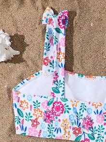 SHEIN Tween Girls Cute White Ditsy Floral Bikini Sets,Knit Bow Straps Two Piece Bathing Suits For Summer Vacation,Pool Party,Holiday Beach Kids Swimwear - Multicolor - View 5