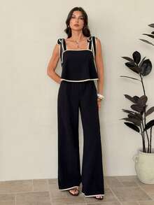 SHEIN Tall 女士吊带背心和口袋裤休闲两件套黑色夏季休闲套装 - 黑色 - 查看 4
