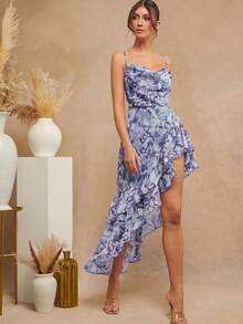 L'Amorae Women's Floral Print Ruffled Neck Asymmetric Hem Elegant Spaghetti Strap Vacation Dress - Purple - View 1