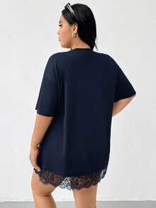 Shapeblank Camiseta larga de manga corta con aplicación de encaje negro, cómoda y holgada, de uso diario y versátil, que estiliza la figura, para mujeres de talla grande, para primavera/verano, para salir, atuendos de verano, estilo sencillo - Azul Marino - Ver 7
