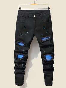 SHEIN Teen Boy Casual Mid Rise Jeans, Ripped Holes Patchwork And Random Splatter Paint Design - Black - View 2