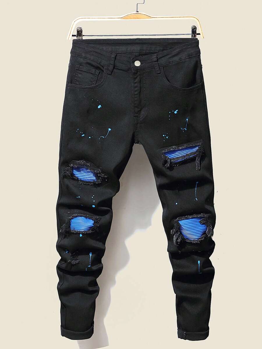 SHEIN Teen Boy Casual Mid Rise Jeans, rách lỗ chắp vá và thiết kế sơn bắn tung tóe ngẫu nhiên - màu đen - Xem 1