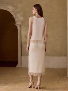MOTF WOMEN'S RHINESTONE DECOR TASSEL HEM SLEEVELESS KNIT TOP AND KNIT SKIRT 2 PIECES SET - Apricot - View 4