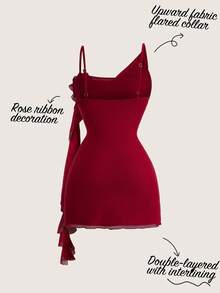 Pariaura Vestido mini casual, de commute, para citas, tardes de té, vacaciones, festivales y fiestas de noche, con tirantes finos, decoración de cinta de rosa roja, para primavera/verano - Rojo - Ver 2