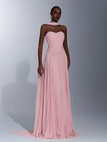 Elitara Đầm chiffon thanh lịch với họa tiết xếp ly, chân váy maxi bồng bềnh không dây vai có đuôi dài, thích hợp cho các buổi hẹn hò, kỳ nghỉ và các dịp trang trọng. - Hồng - Xem 7