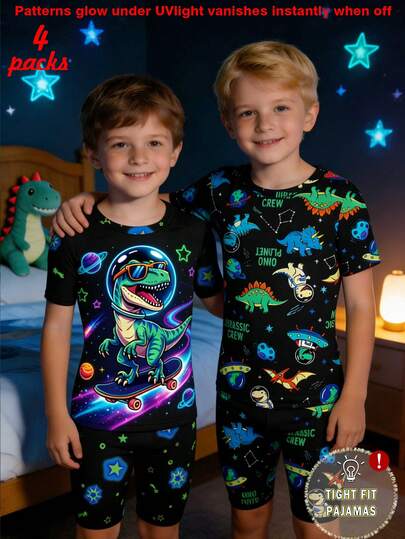 2件套男童恐龙夜光印花修身短袖睡衣套装，夏季